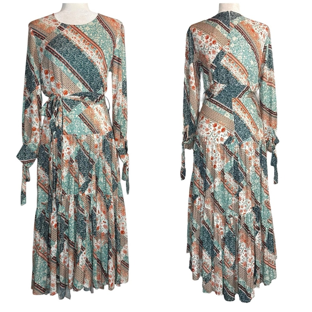 NWT Jaase Anthropologie M Patchwork Midi Dress Tiered Flowy Long Sleeve Modest